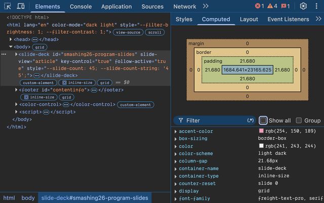 The same dev tools tab but with a 'show all' checkbox un-checked. Now the list jumps straight from accent-color to box-sizing border-box, color, color-scheme, and so on - all of them at full opacity.