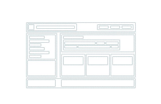 Wireframe of a website with nested blue boxes, all of them have dashed borders