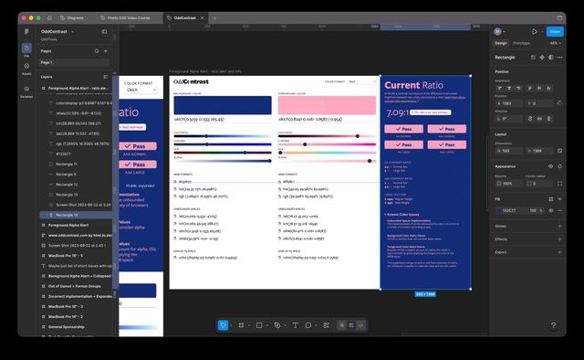 Figma design mockup for the oddContrast tool, with the sidebar selected -- 593px (about a third of the page) by 1398px tall (the full height)