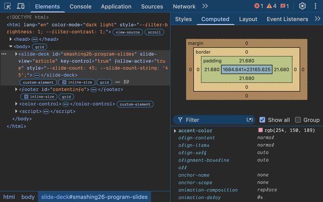Browser dev tools showing the computed styles tab with a list of CSS properties. The first one, accent-color, shows an rgb color value. From there the list is slightly transparent - align-content normal, align-items normal, align-self auto, and so on.