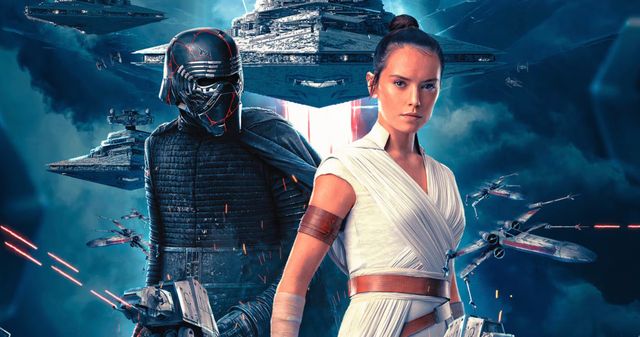 Kylo Ren and Rey
standing in front of an entire star war
with spaceships and lasers
and AT-AT walkers