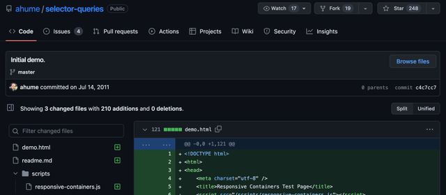 Github page for an Initial demo commit to the ahume/selector-queries repo on July 14, 2011 - showing html for a Responsive Containers Test Page