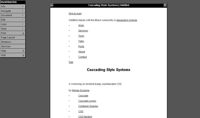 Workshop page on oddbird.net displayed as black and white text on the WWW browser emulator