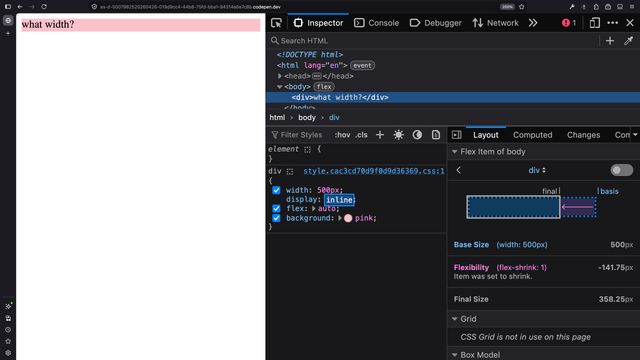 Width, display, flex, and background are all being applied - but the inline display has no impact