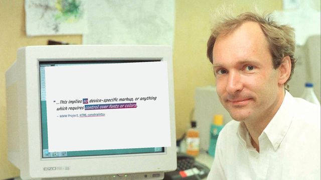 Sir Tim at a computer showing a badly photoshopped image of the previous slide