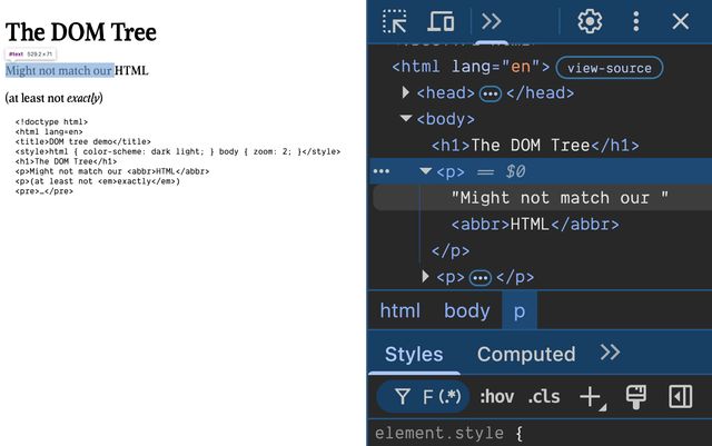 Inspecting the page and hovering a text node in dev tools. It's not an element, but it acts like an inline element
